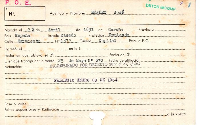 Ficha de miembro de José Mendez.