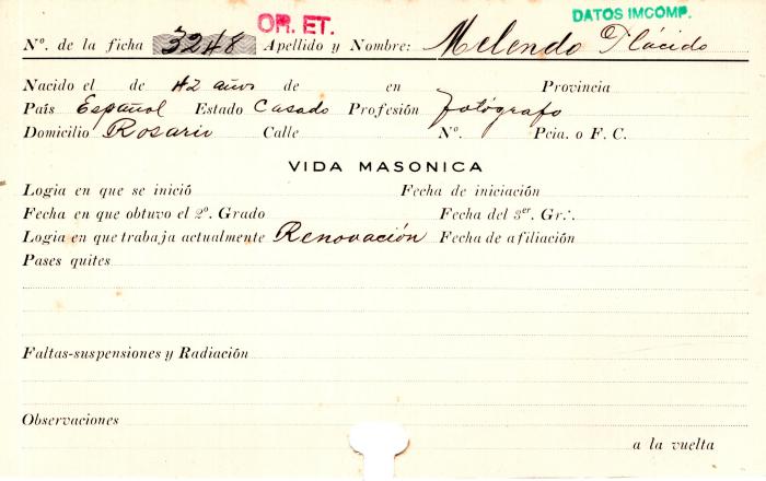 Ficha de miembro de Plácido Melendo.