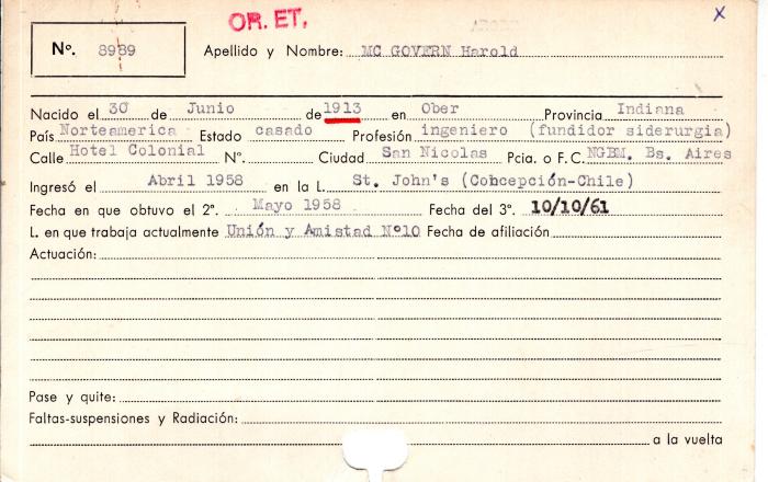 Ficha de miembro de Harold Mc Govern.