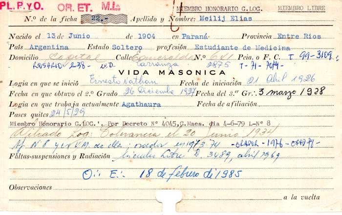 Ficha de miembro de Elias Meilij.