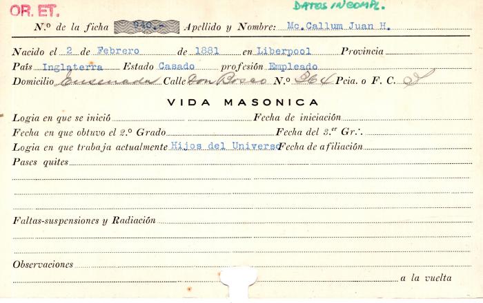 Ficha de miembro de Juan H. Mc. Callum.