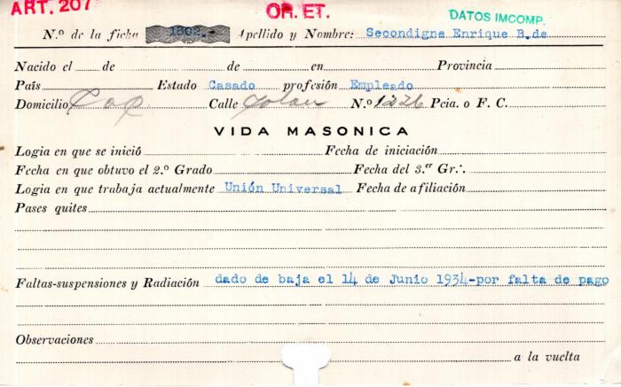 Ficha de miembro de Enrique B. De Secondigne.