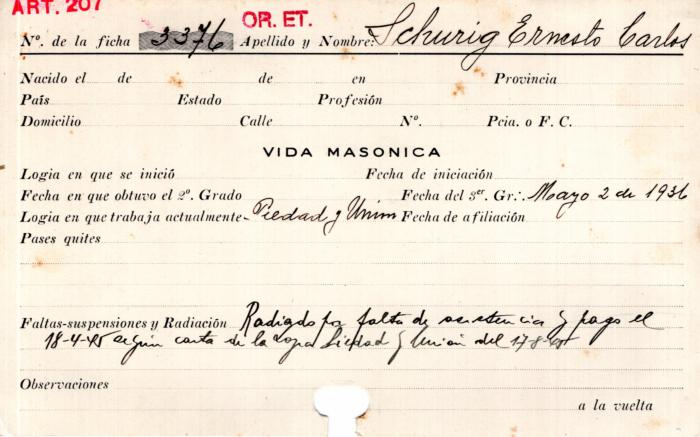Ficha de miembro de Ernesto Carlos Schurig.