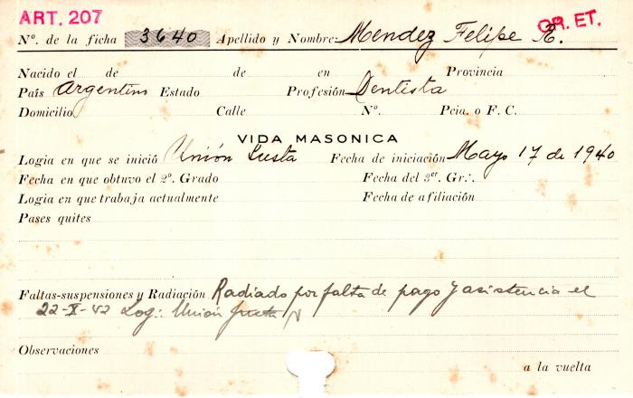 Ficha de miembro de Felipe R. Mendez.