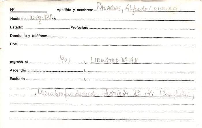 Ficha de miembro de Alfredo Lorenzo Palacios.