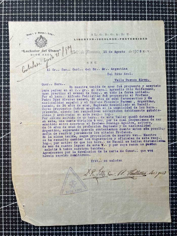 Documentación de R:. L:. Luchador del Chaco Nº 151.