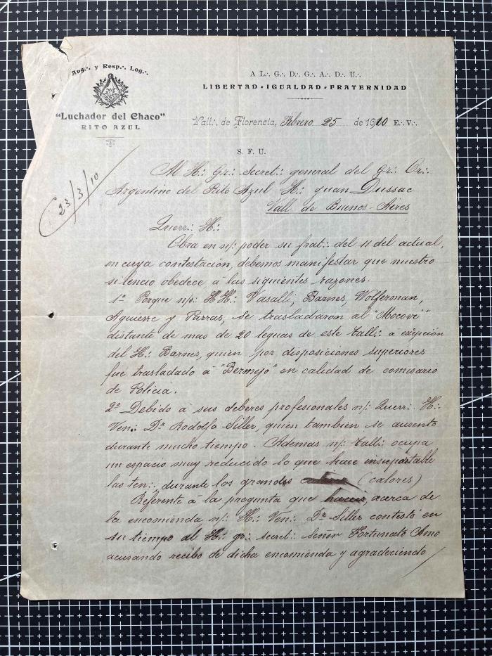 Documentación de R:. L:. Luchador del Chaco Nº 151.