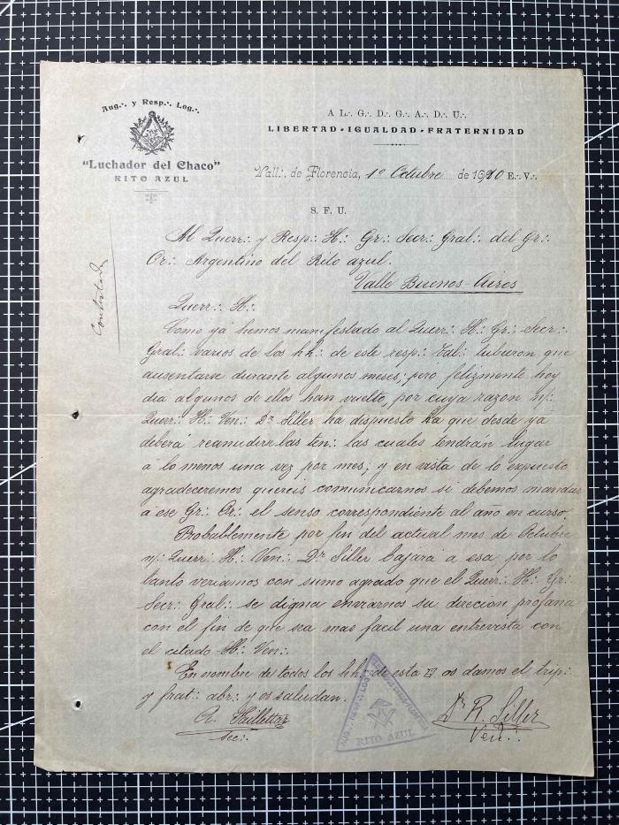 Documentación de R:. L:. Luchador del Chaco Nº 151.