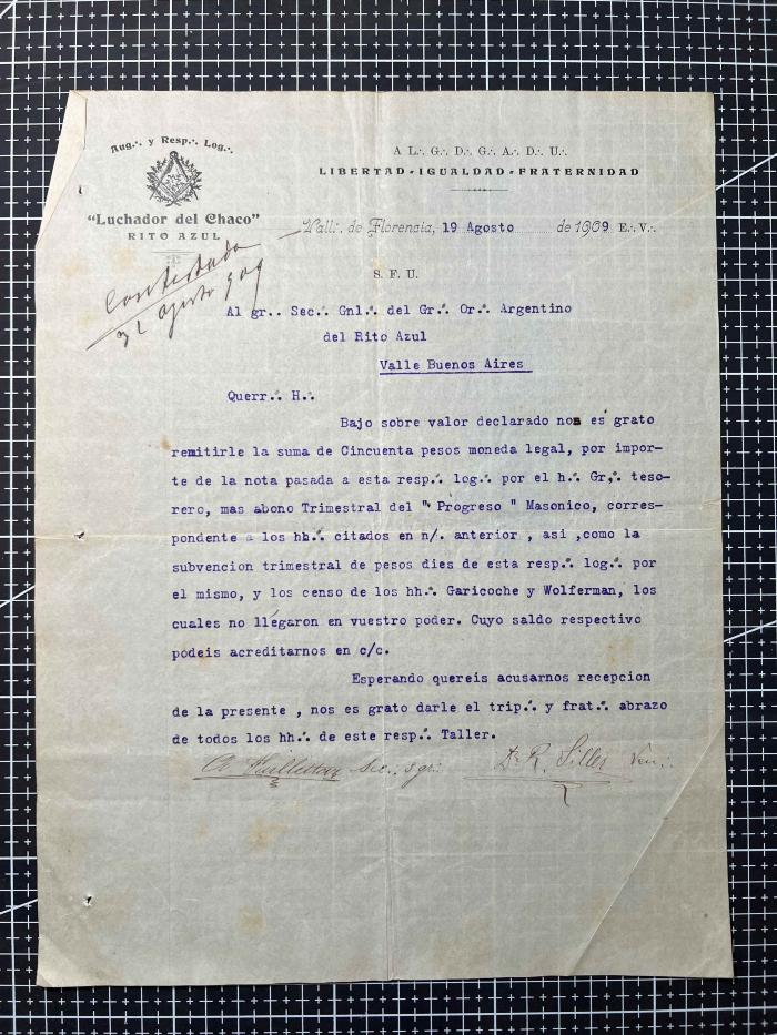 Documentación de R:. L:. Luchador del Chaco Nº 151.