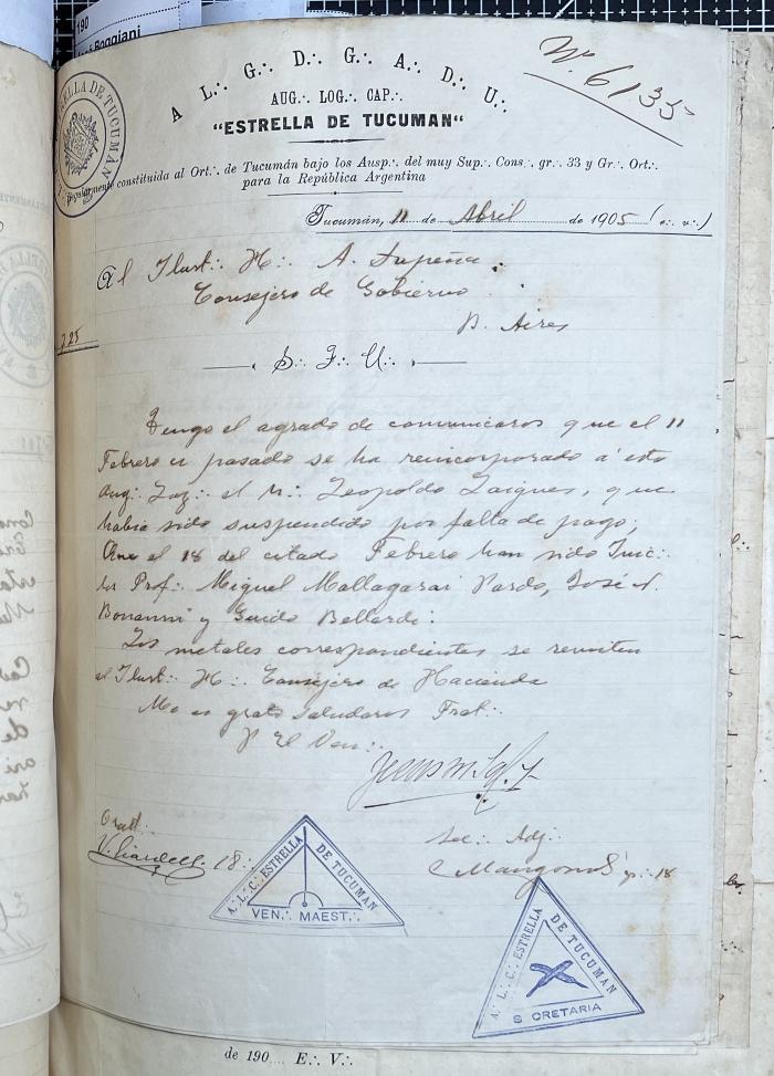 Documentación de R:. L:. Estrella de Tucumán Nº 71.