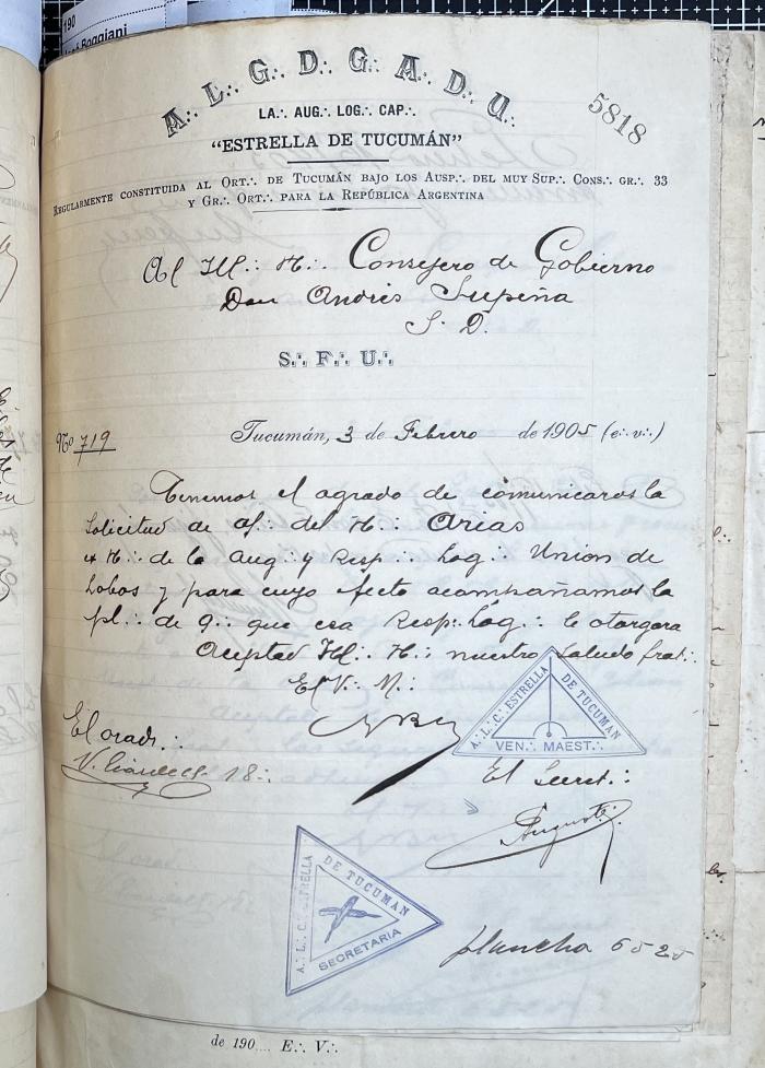 Documentación de R:. L:. Estrella de Tucumán Nº 71.