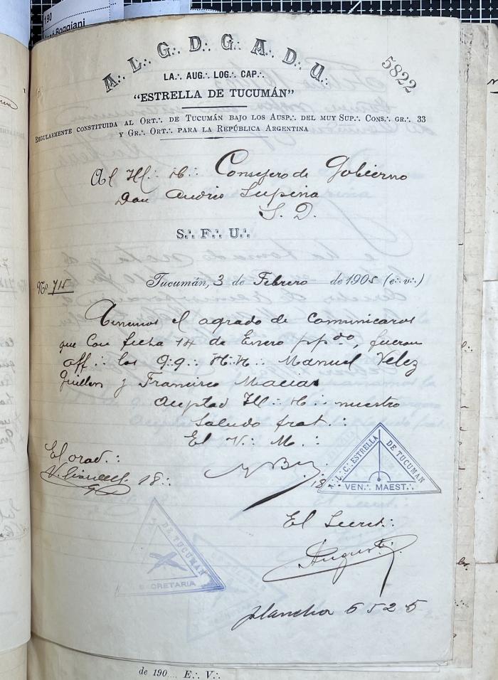 Documentación de R:. L:. Estrella de Tucumán Nº 71.
