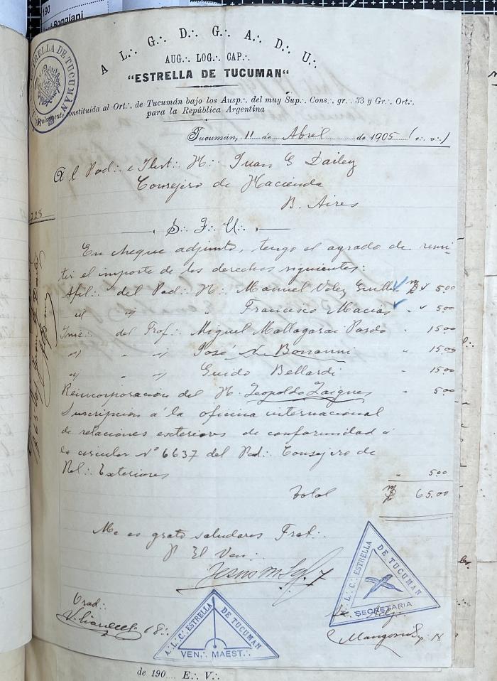Documentación de R:. L:. Estrella de Tucumán Nº 71.