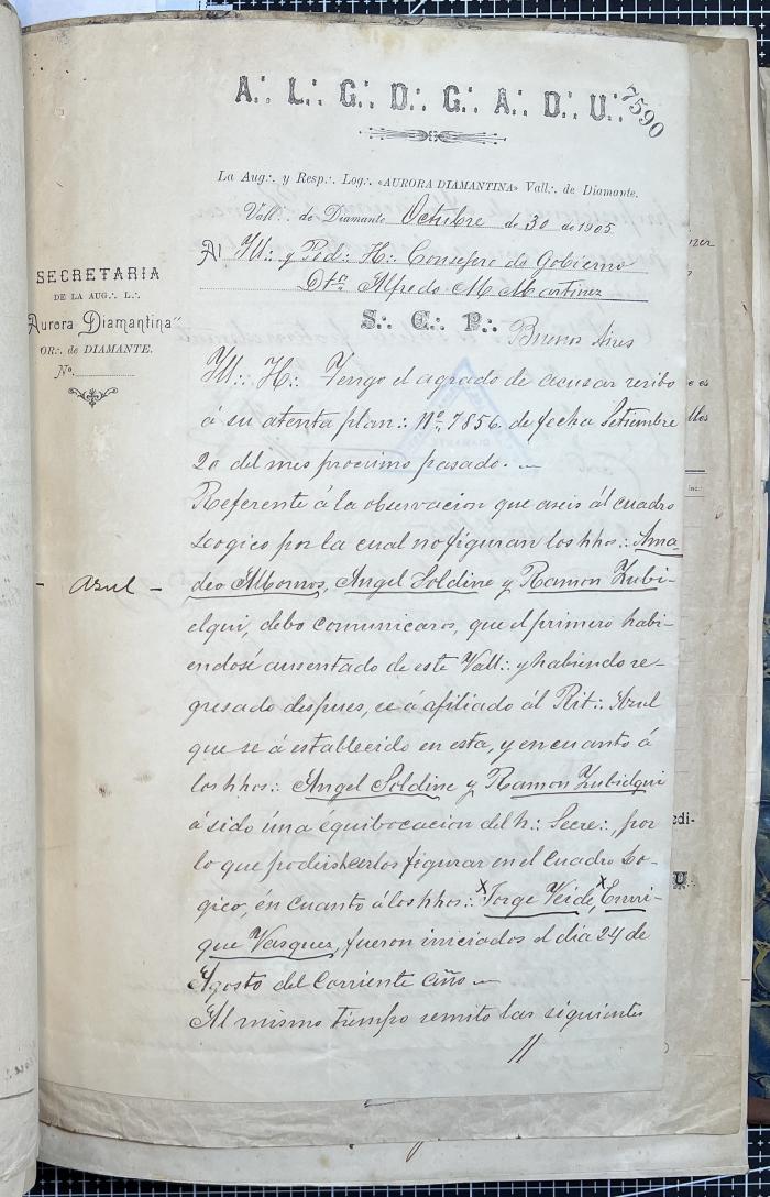 Documentación de R:. L:. Aurora Diamantina Nº 121.