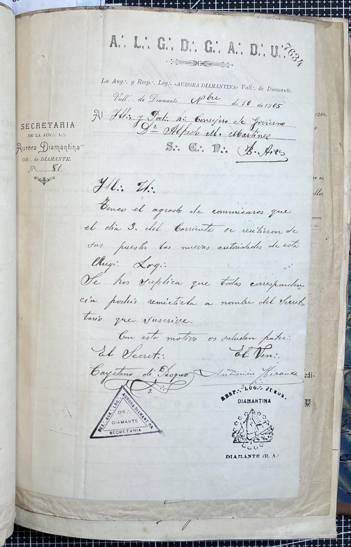 Documentación de R:. L:. Aurora Diamantina Nº 121.