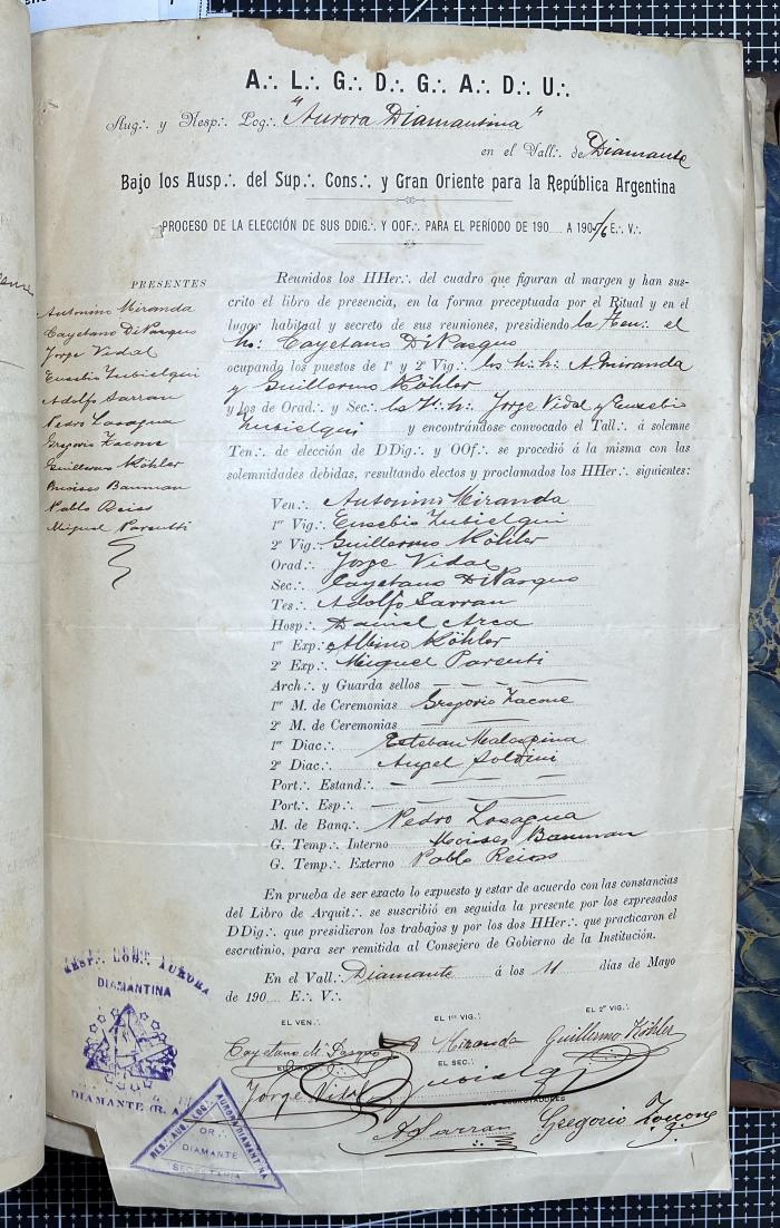 Documentación de R:. L:. Aurora Diamantina Nº 121.