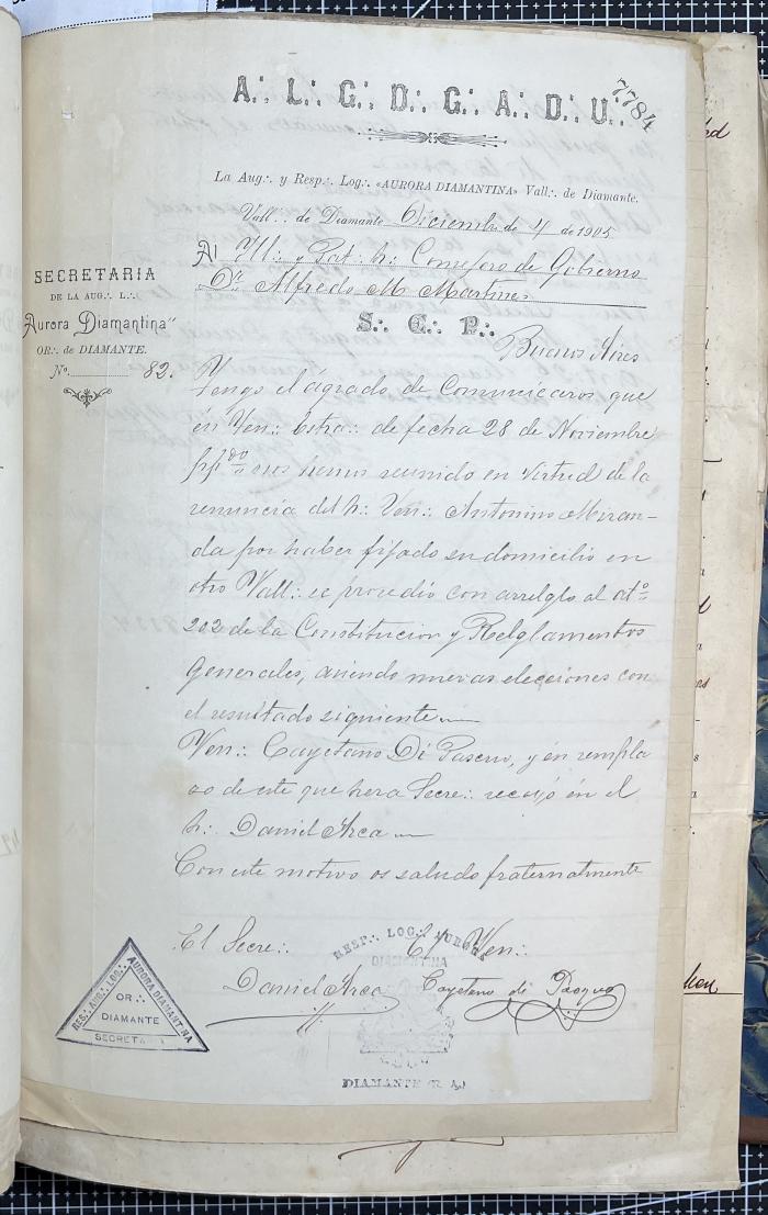 Documentación de R:. L:. Aurora Diamantina Nº 121.