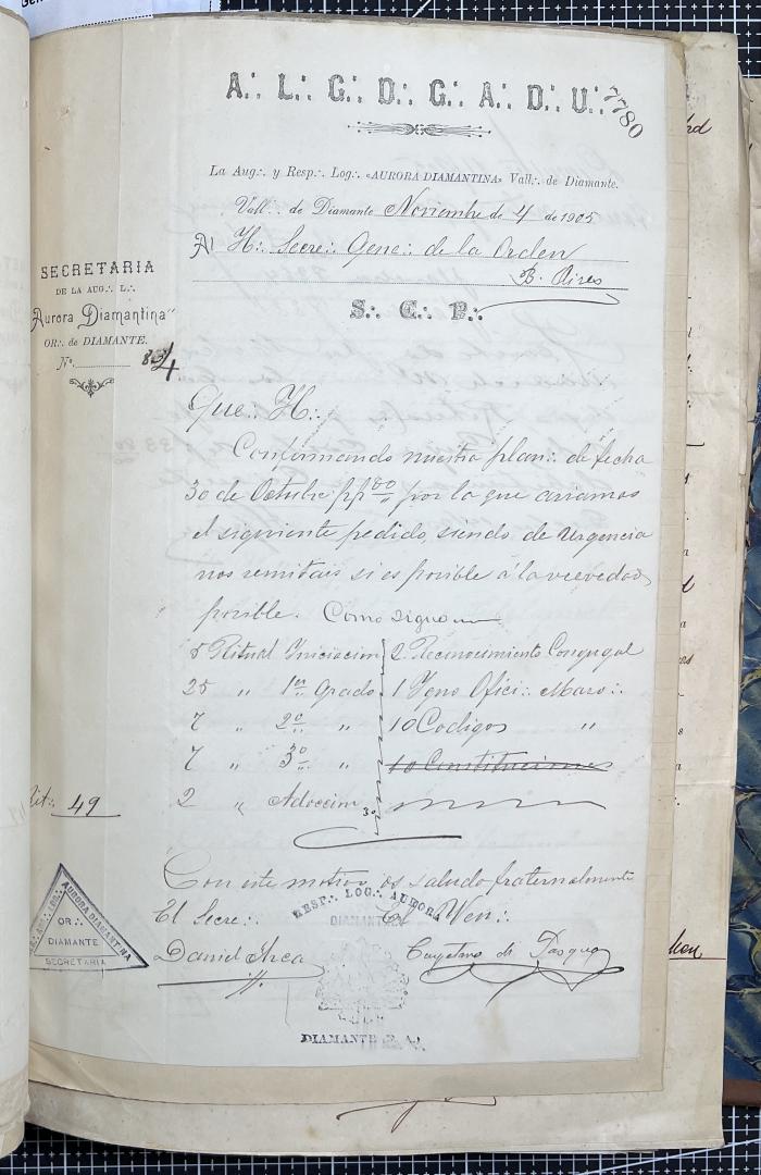 Documentación de R:. L:. Aurora Diamantina Nº 121.