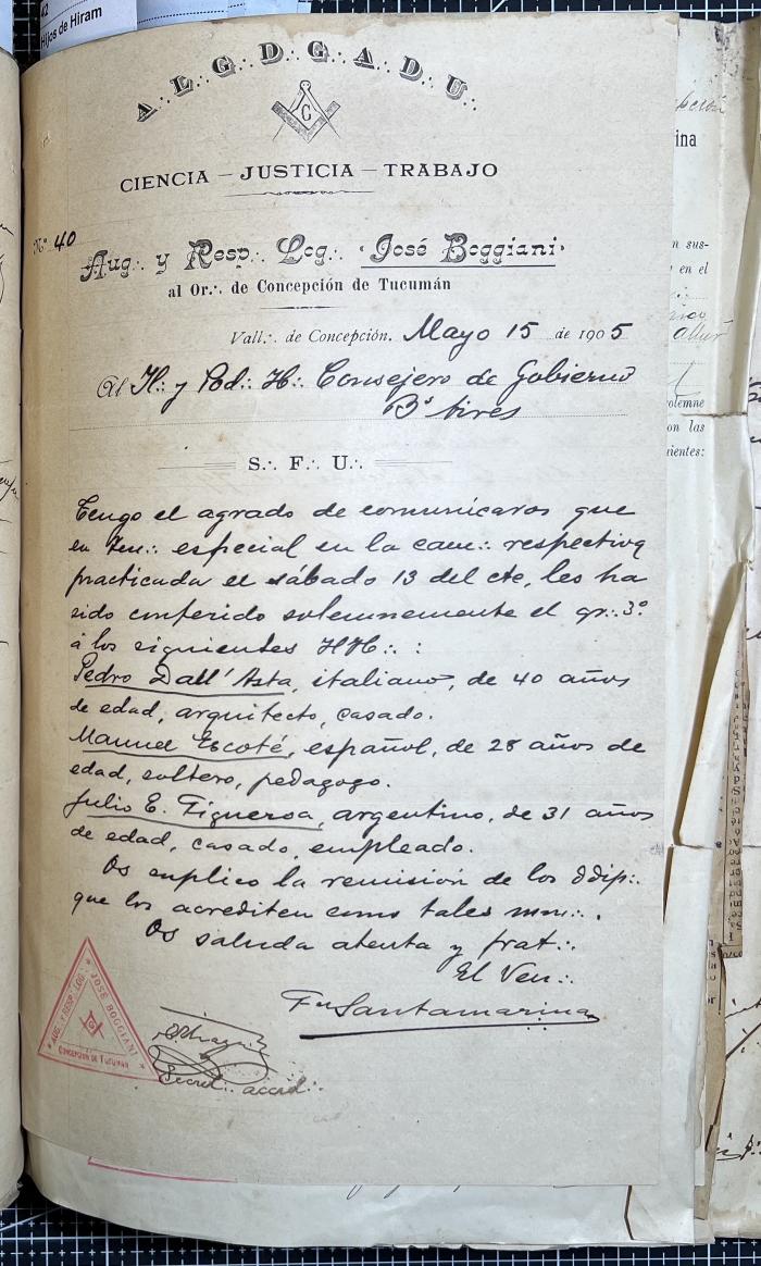 Documentación de R:. L:. José Boggiani Nº 190.