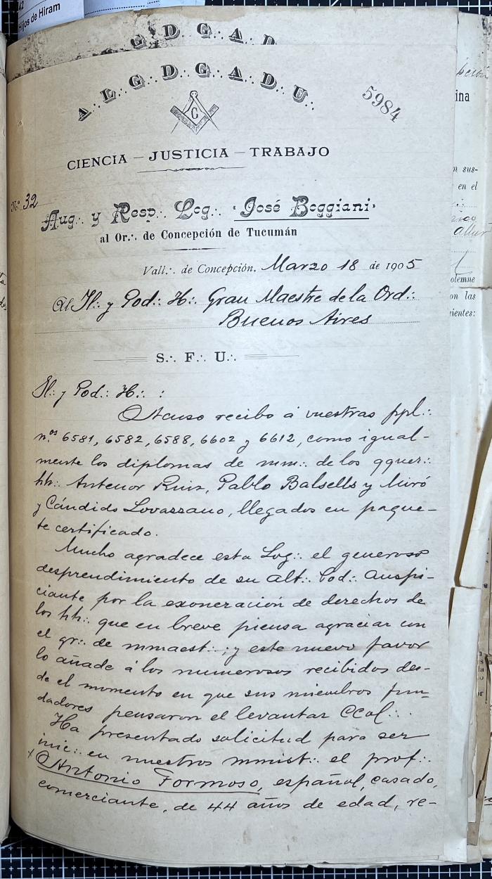 Documentación de R:. L:. José Boggiani Nº 190.