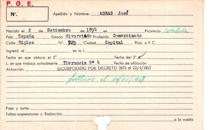 Ficha de miembro de José Agras.