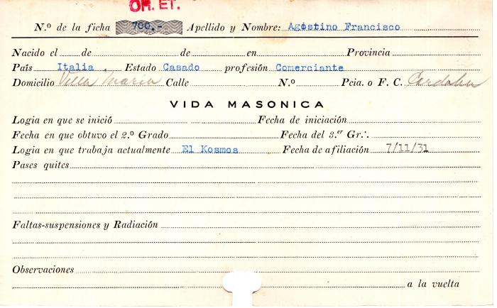 Ficha de miembro de Francisco Agostino.
