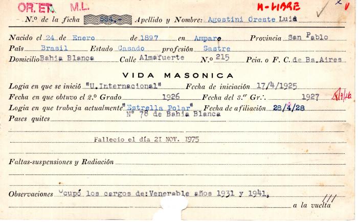 Ficha de miembro de Oreste Luis Agostini.