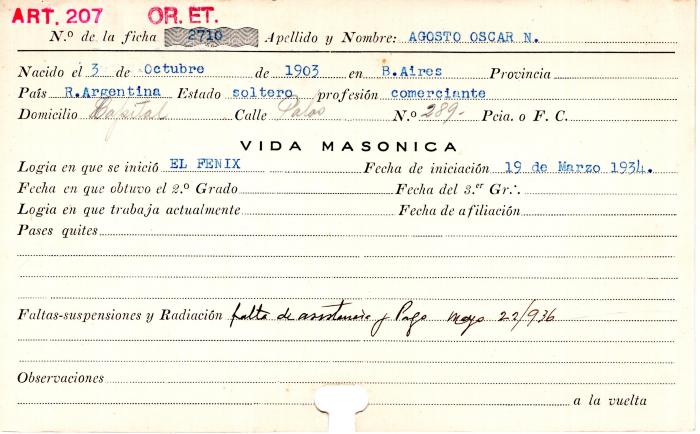 Ficha de miembro de Oscar N. Agosto.