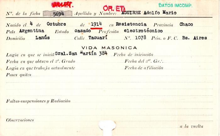 Ficha de miembro de Adolfo Mario Aguirre.