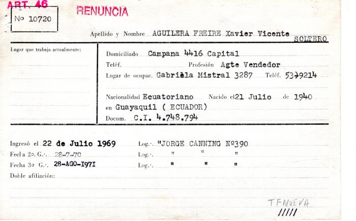 Ficha de miembro de Xavier Vicente Aguilera Freire.