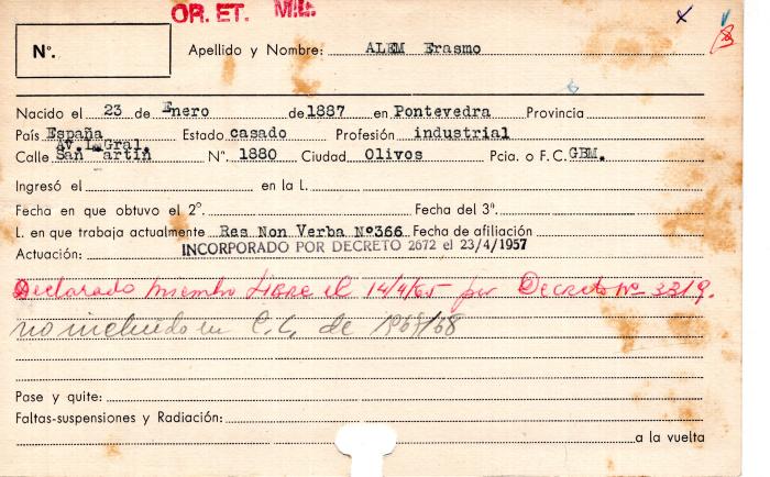 Ficha de miembro de Erasmo Alem.