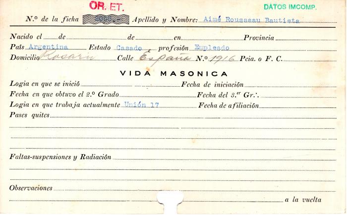 Ficha de miembro de Bautista Aimé Rousseau.