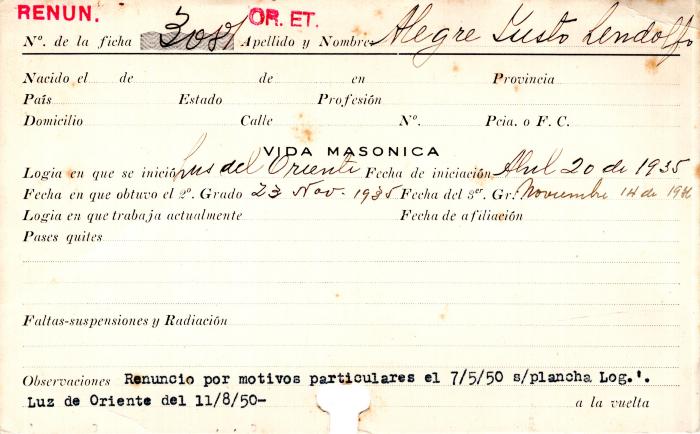 Ficha de miembro de Justo Lendolfo Alegre.