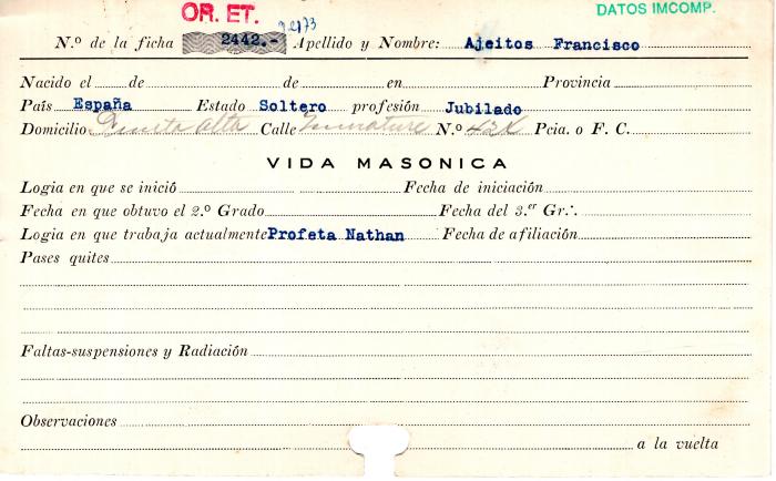 Ficha de miembro de Francisco Ajeitos.