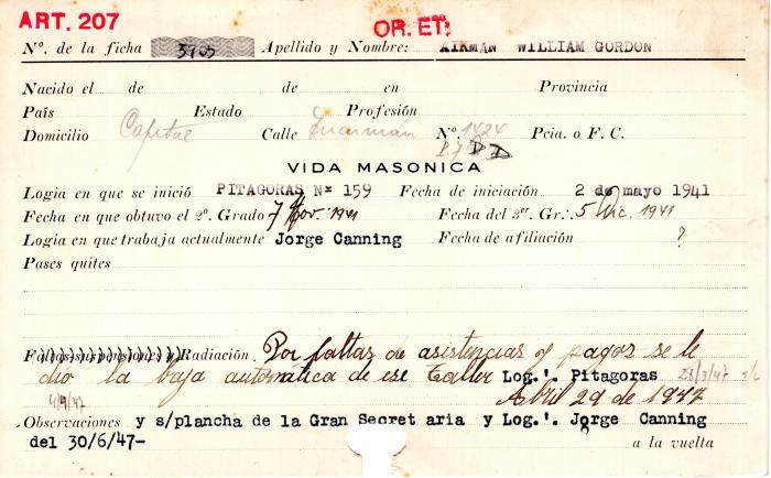 Ficha de miembro de William Gordon Aikman.