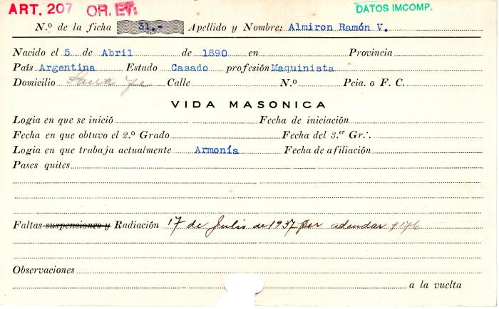 Ficha de miembro de Ramón V. Almirón.