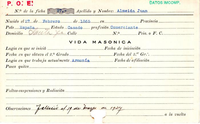 Ficha de miembro de Juan Almeida.