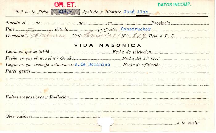 Ficha de miembro de José Aloe.