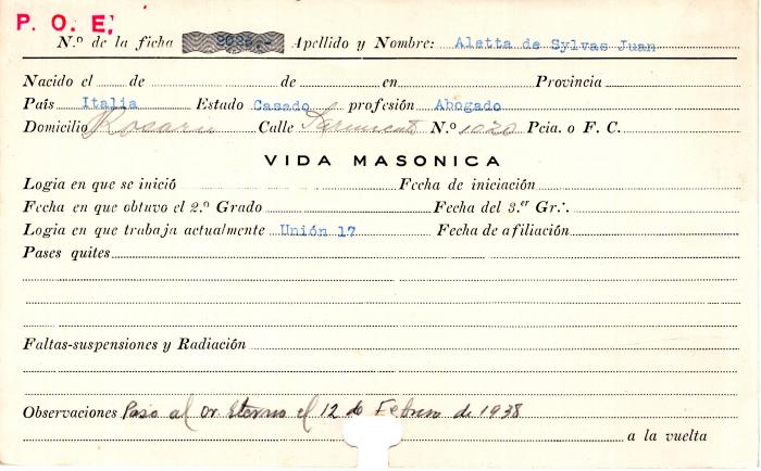 Ficha de miembro de Juan Aletta de Sylvas.