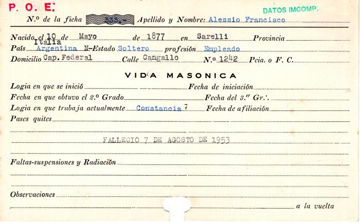 Ficha de miembro de Francisco Alessio.