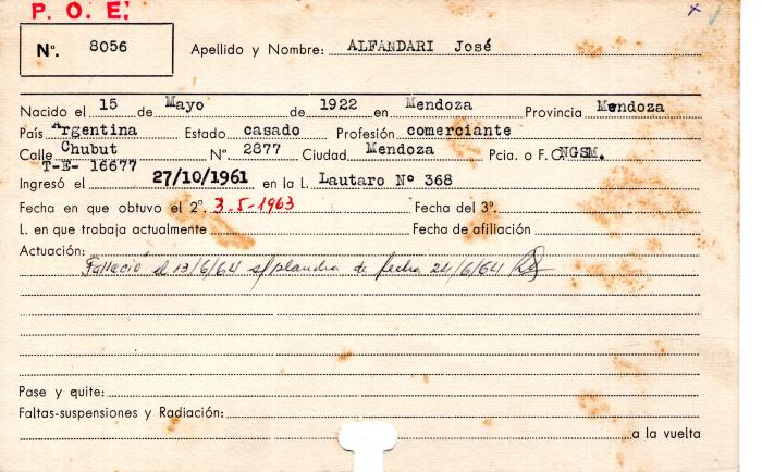 Ficha de miembro de José Alfandari.