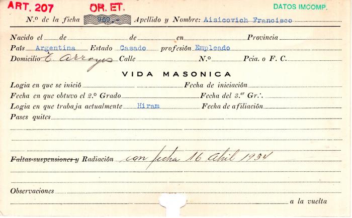 Ficha de miembro de Francisco Aisicovich.