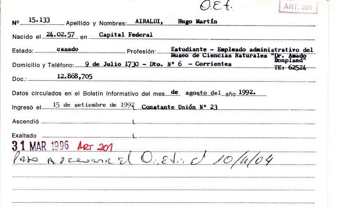 Ficha de miembro de Hugo Martín Airaldi.