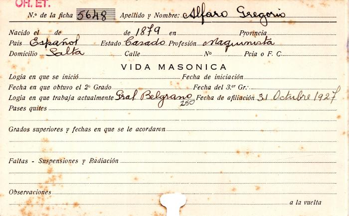 Ficha de miembro de Gregorio Alfaro.