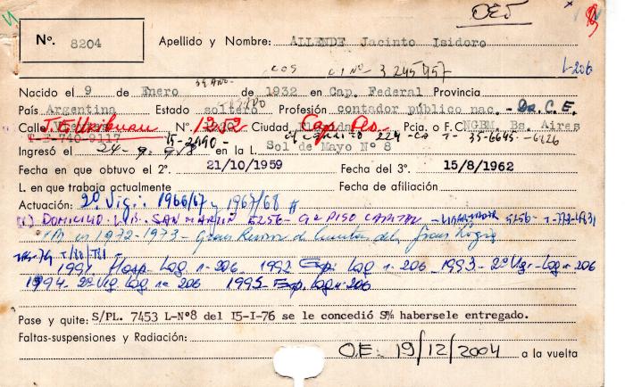 Ficha de miembro de Jacinto Isidoro Allende.