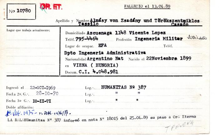 Ficha de miembro de Tassilo Almásy von Zsadány und Törökszentimiklos.