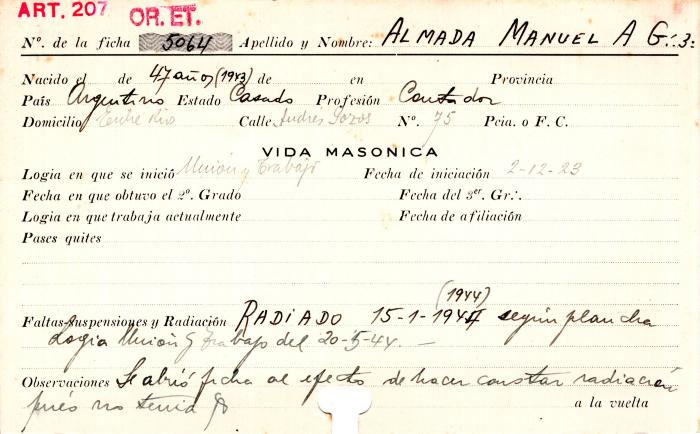 Ficha de miembro de Manuel A. Almada.