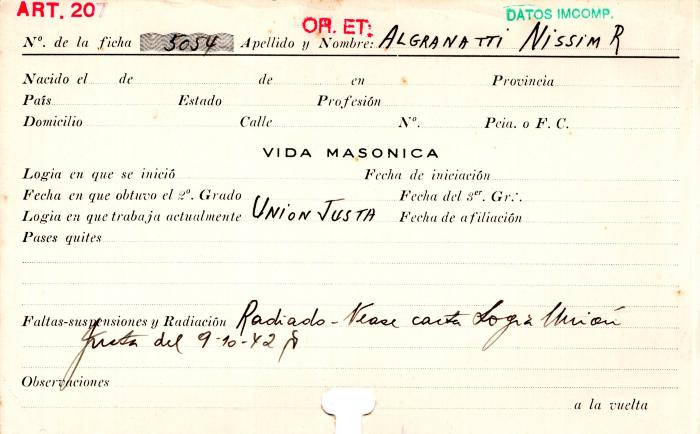 Ficha de miembro de Nissim R. Algranatti.