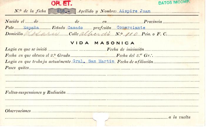 Ficha de miembro de Juan Aispire.