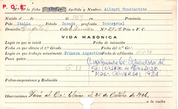 Ficha de miembro de Constantino Allegri.